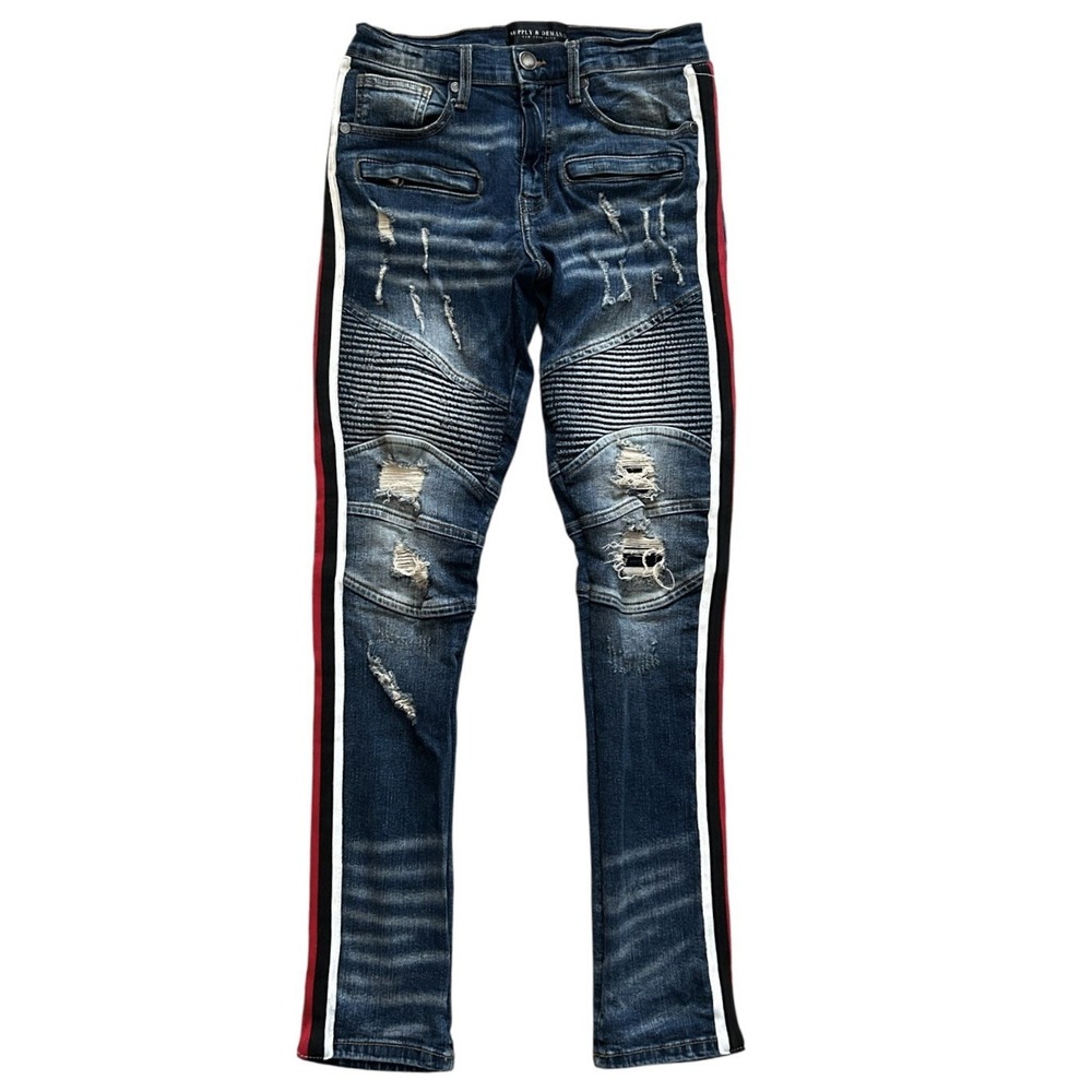 Supply Demand Jeans Mens 30W Blue Biker Distressed Moto Stripe Urban Streetwear